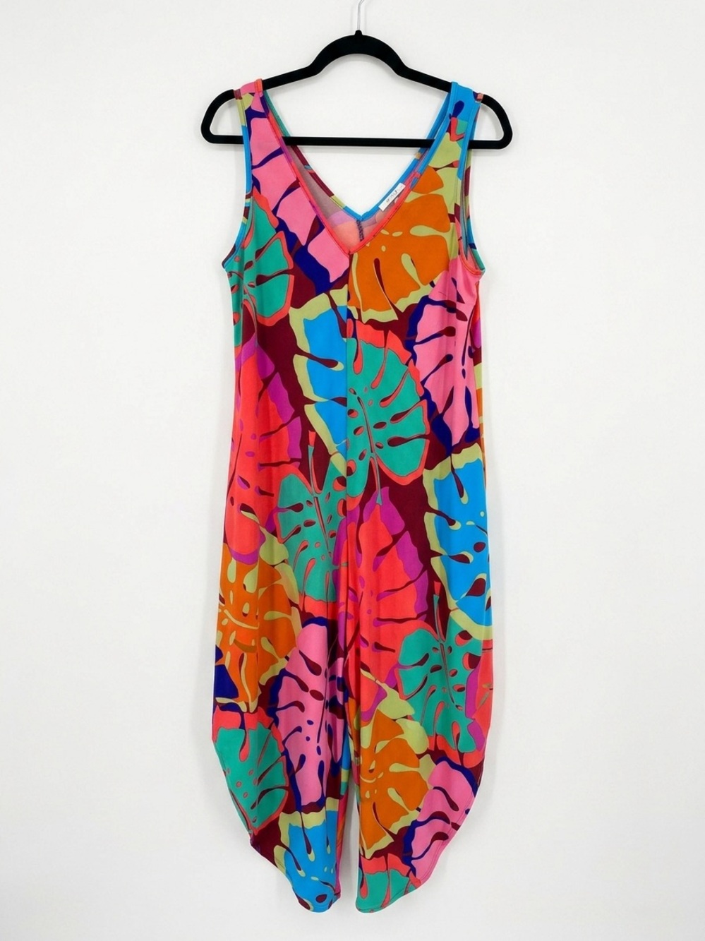 Ivy Lane Bright Tropical Monstera Leaf Print Harem Jumpsuit Boho Size L Y2K